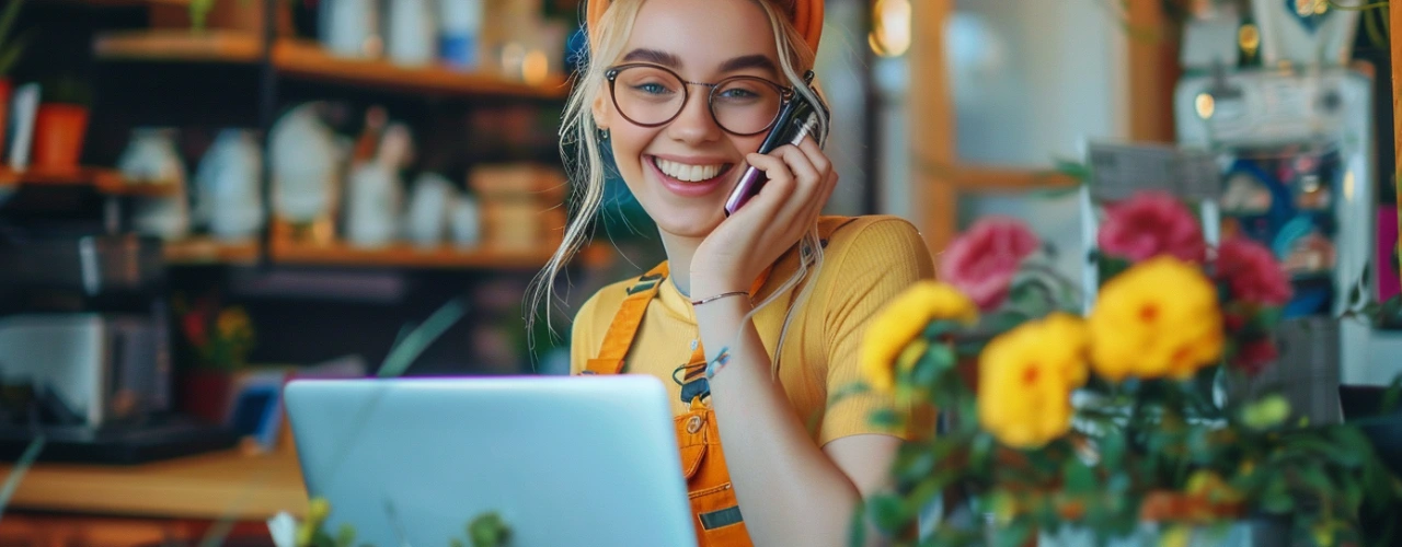 Female Business Owner Talking On The Phone While Working On Her Laptop