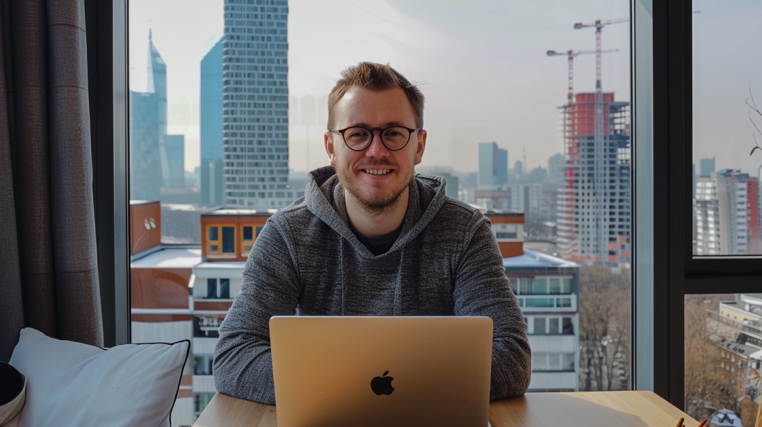 A smiling male marketer working at his desk and laptop in an office with a view of the city