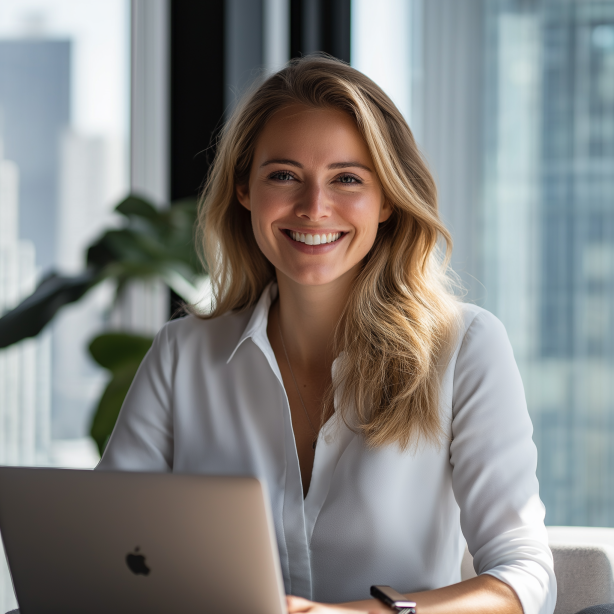 Female marketer working at a laptop in a modern office. Topic is call tracking and analytics.