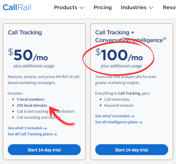 CallRail Pricing Screenshot 11/25/2024