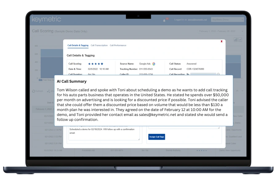 KeyMetric Conversational AI Call Summary Screenshot